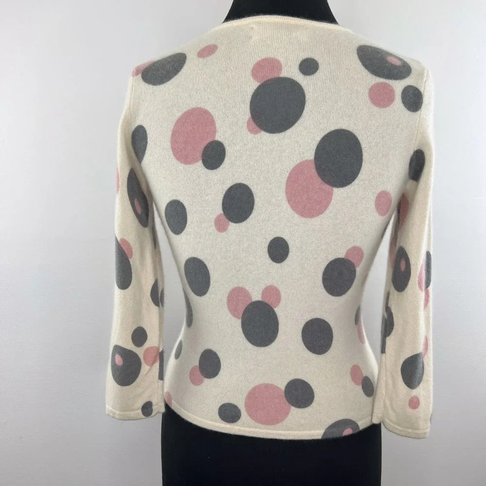 Grayson & Dunn 100% Cashmere Cream‎ Gray Pink Polka Dot Sweater Petite Size PS - Picture 2 of 8
